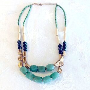Vintage Jade Jadeite Necklace 18” 2 Strand w/ Emerald Green Seed Beads Gorgeous